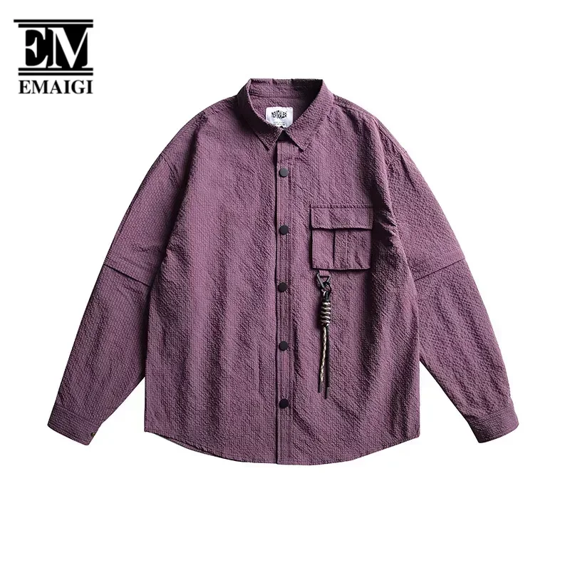 Men Nylon Waterproof Detachable Long Sleeve Outdoor Shirts Campus Boys Girls Streetwear Fashion Loose Casual Cargo Shirts Blouse