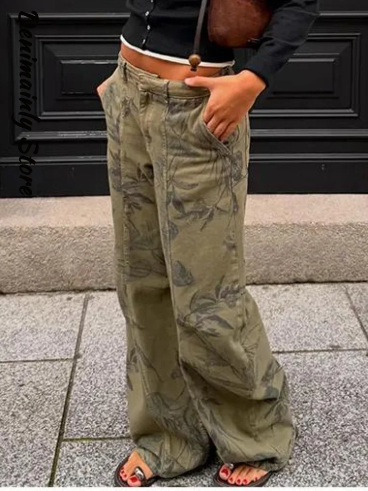 Fashion Women's Printed Denim Pants High Waist Zipper Pockets Wide Leg Female All-match Jeans 2026 Autumn Lady Street Trousers