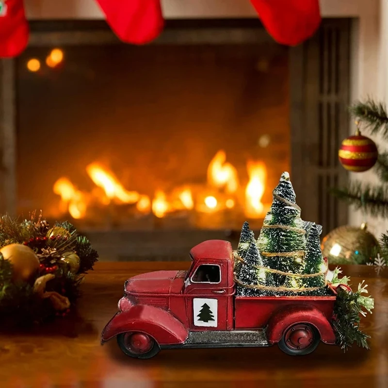 Christmas Red Truck Automobile Car+Lights Boy Resin Ornament Craft Waterproof Garden Yard Tree Decoration Home Decor