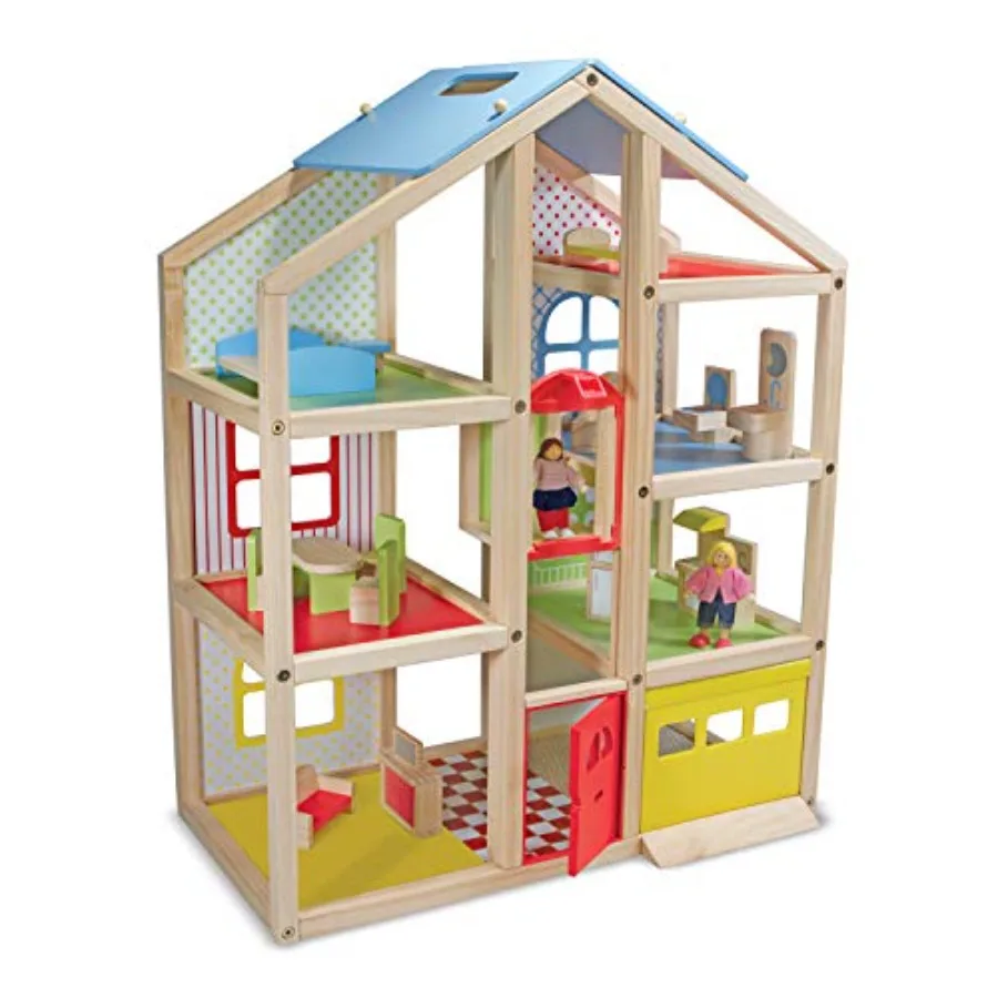 

Wooden Dollhouse with Garage and Working Elevator for - 15-Piece Furniture Set in Natural Wood Finish with Functional Features