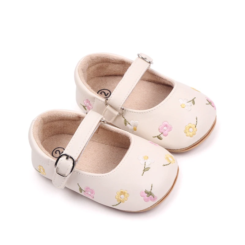 Baby Girls Mary Jane Flats PU Leather Infant Dress Shoes Floral Embroidery Princess Shoes