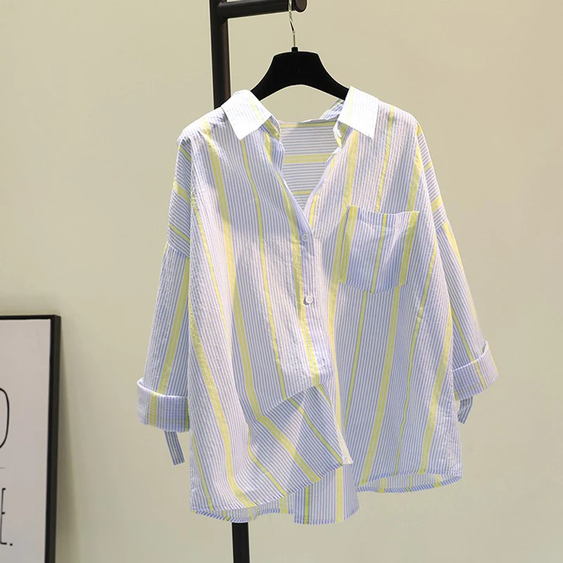 

Blue Thin Striped Women's irt Summer Sun Protection Outerwear Trendy Korean Sle Collar Long Sve Casual Loose Fit