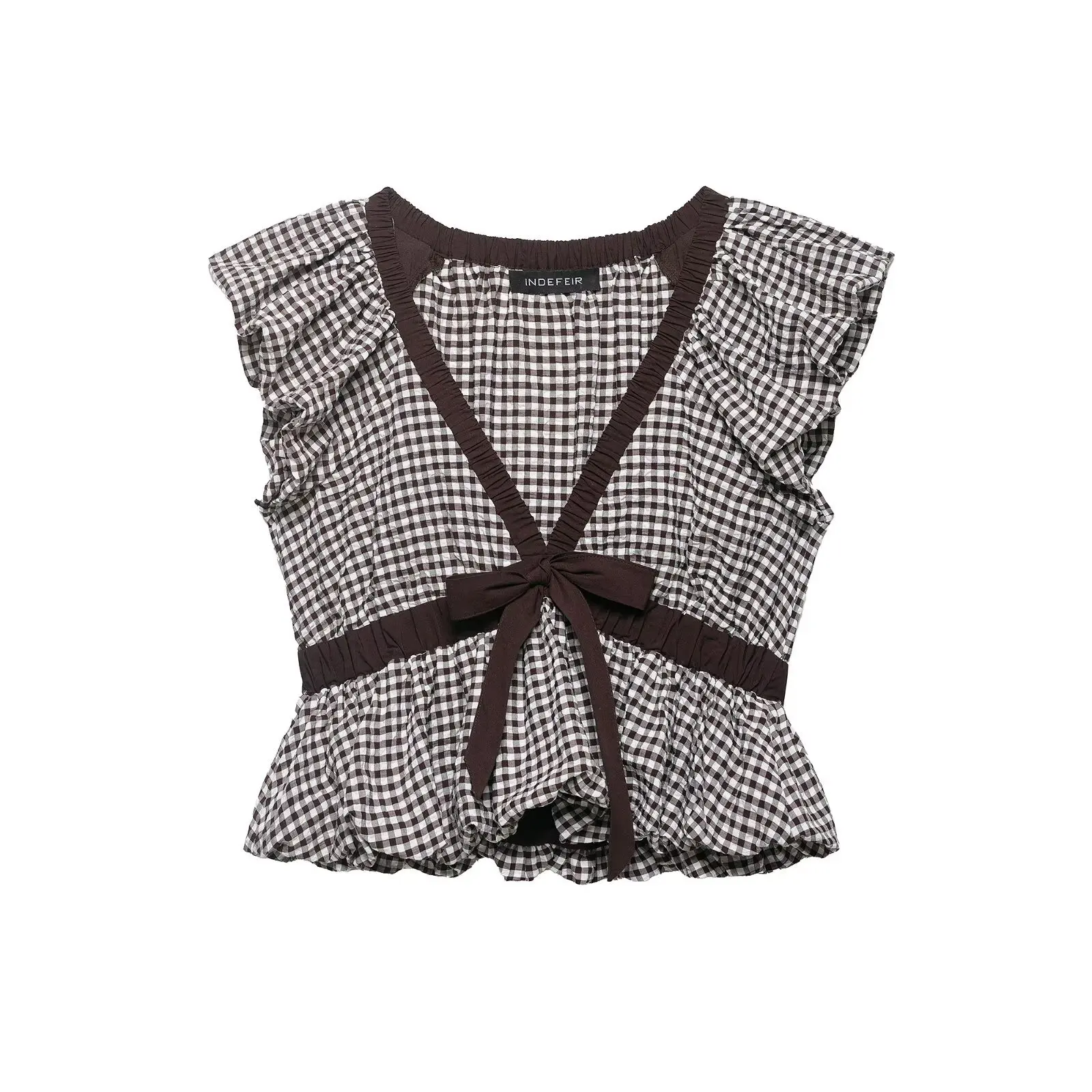 Women's Fashion Small Checkered Bow Top Women Gingham Flutter Sleeve Top Sweet V Neck Bow Tie Blouse Casual Plaid Crop Top 9U2L