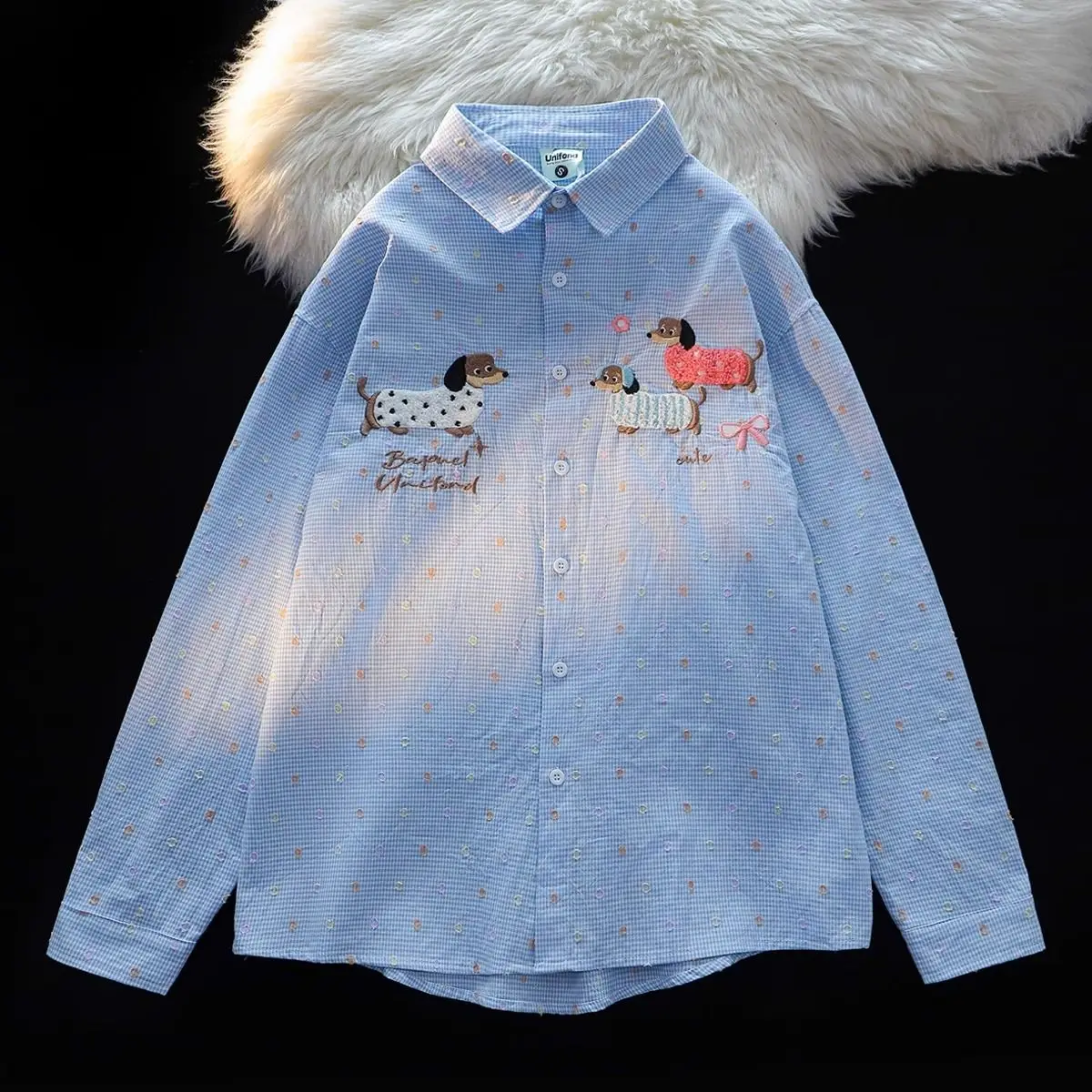 

Onalippa 2025 Japanese Cute Puppy Colored Long Sleeved Women Spring Autumn Loose Lazy Style Niche Design Sense Couple Shirt