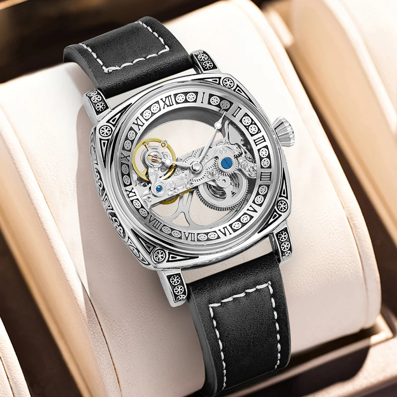 

Новые резные высококачественные деловые мужские механические часы серии Single Bridge, автоматический завод, двусторонний скелетон, кожаный ремешок, модные повседневные мужские часы в европейском и американском стиле, крутые высококачественные механически