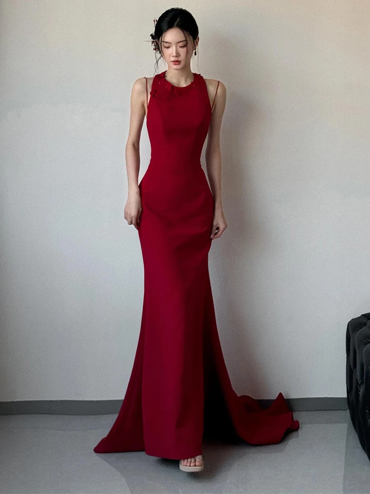 

Ele Red Wedding Dr Evening Gown for Bridesmaid Fi Tail Engagement Par Celebration Long Sve Zipper Sle Polyest...