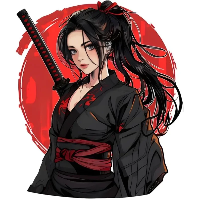1PC Red Circle Samurai Girl Vinyl Sticker Waterproof Decal for Car Window Motorcycle Tank Fairing RV Bumper Exterior Decor