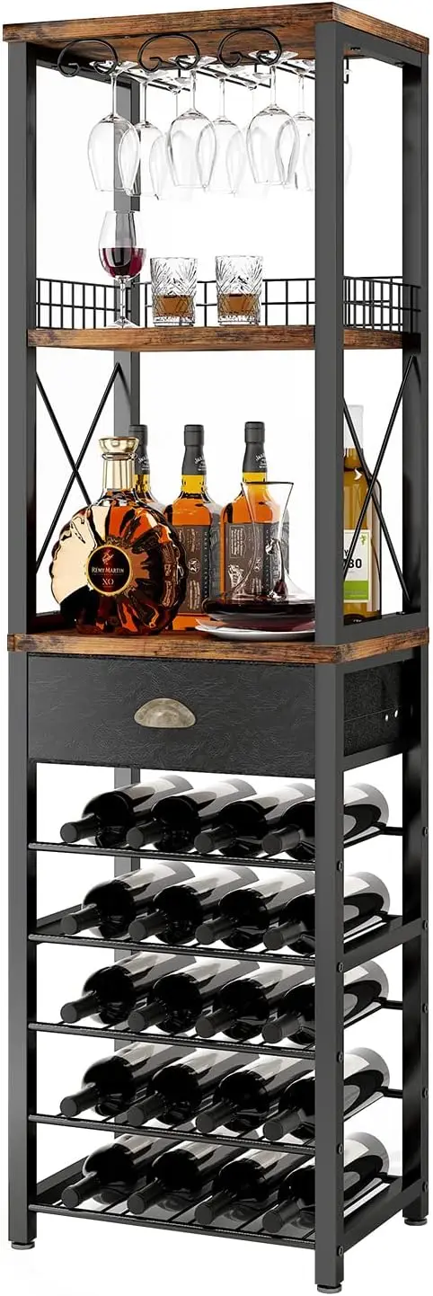 

4-Tier Freestanding Wine Rack with Tabletop, Glass Holder, Storage Drawer for Living Room