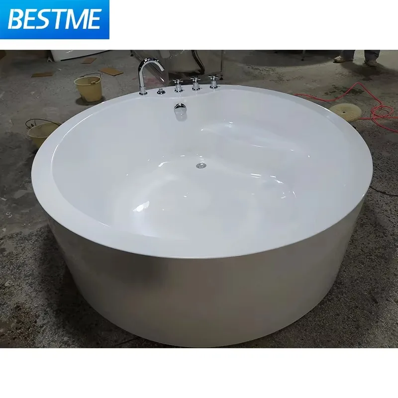 Modern Design Acrylic White Villa Hotel Use Round Spa Bathtub With Seat And Mixer Small Size Free Standing Tub