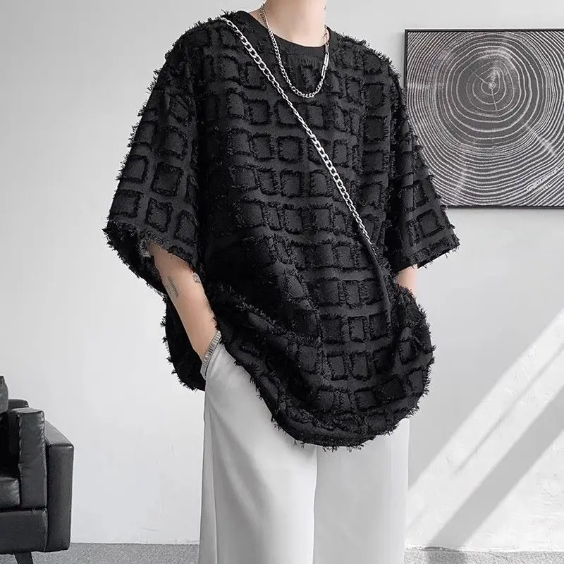 Summer 3d Tassel Plaid Short Sleeve Men O Neck T Shirts Students Fashion Harajuku Hip Hop Casual Oversized Streetwear Tops Black