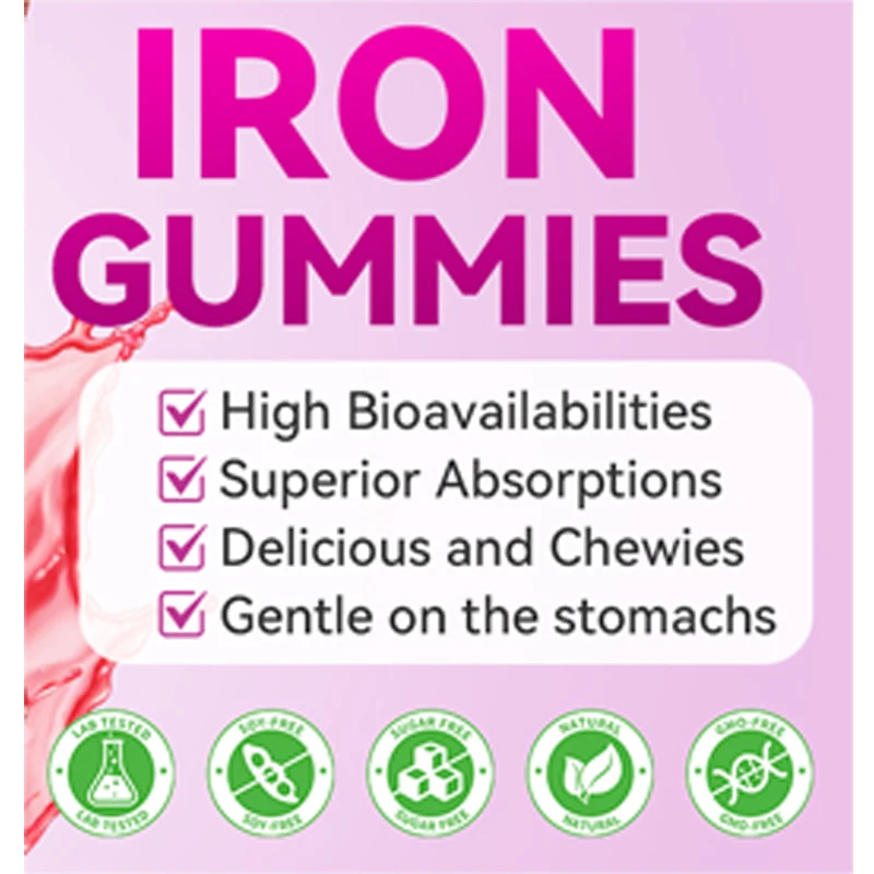 Iron fortified gummies, pure vegetarian iron gummies containing vitamins C, A, folate, and zinc, used for energy support