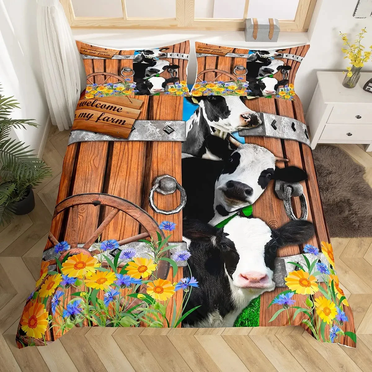 Highland Cow Duvet Cover Set Farmhouse Style Wild Animal Bedding Set Western Old Barn Door Quilt Cover Floral Bedspread Cover