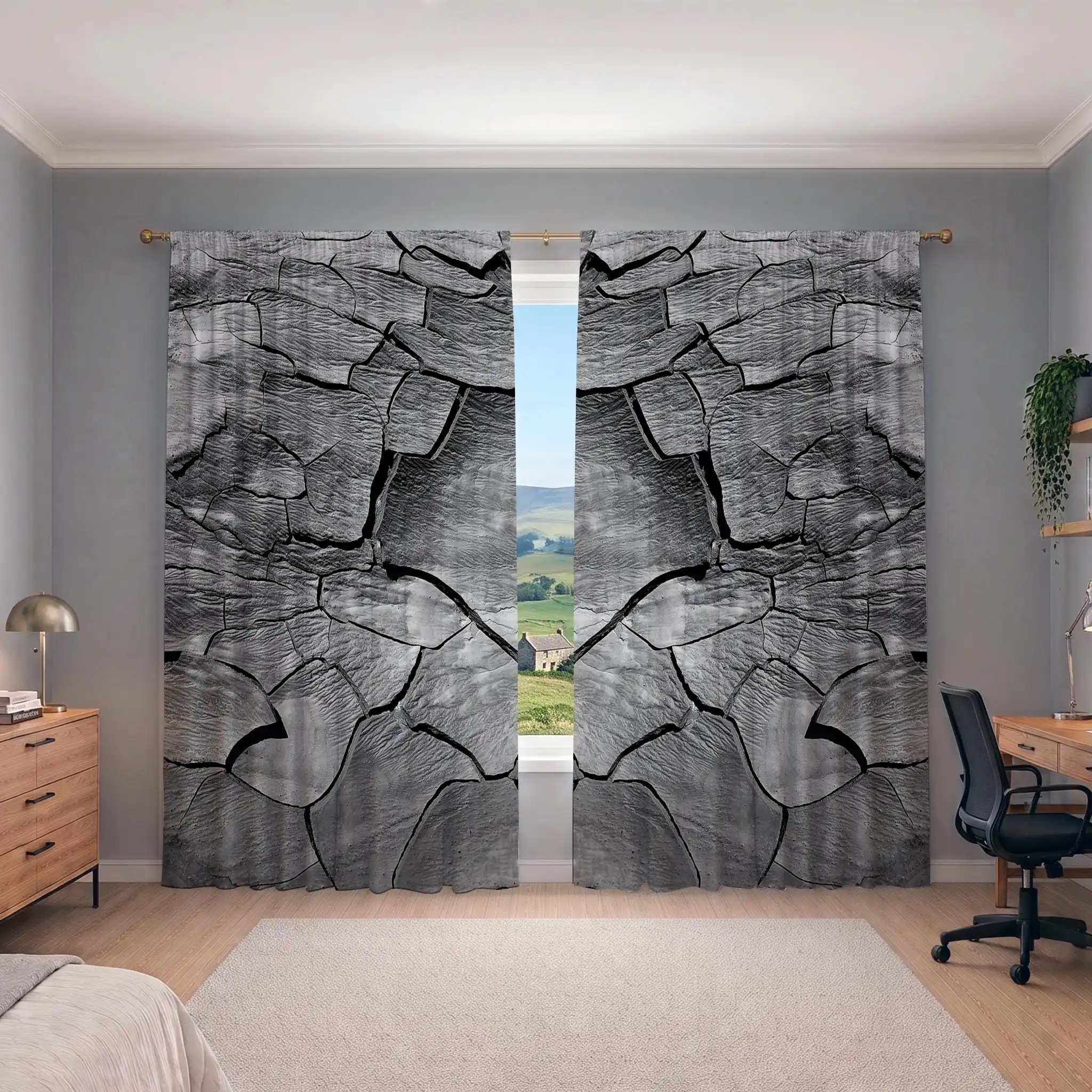Realistic Cracked Concrete Texture Curtain Panels for Modern Home Decor Window Drapery