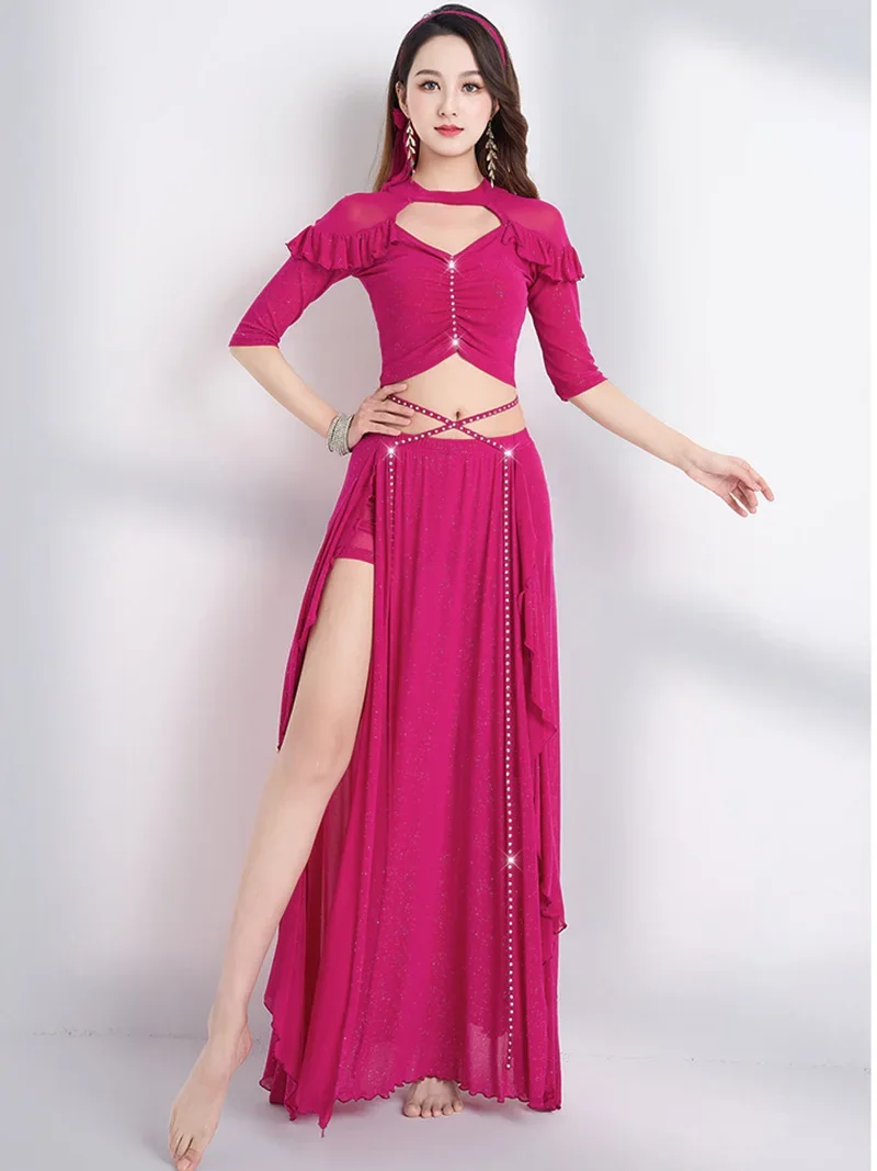 Adult Women Belly Dance Costume Top and Slit Skirts Three Piece Mesh Ruffles Performance Dance Clothes Vintage Practice Set