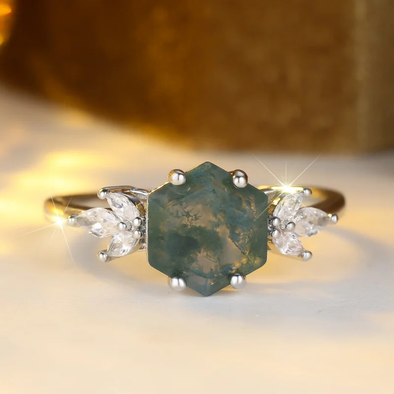 2026 New Fashion Hexagonal Water Grass Agate Diamond Edged Horse Eye Zircon Ring for Women with Retro and Unique Temperament