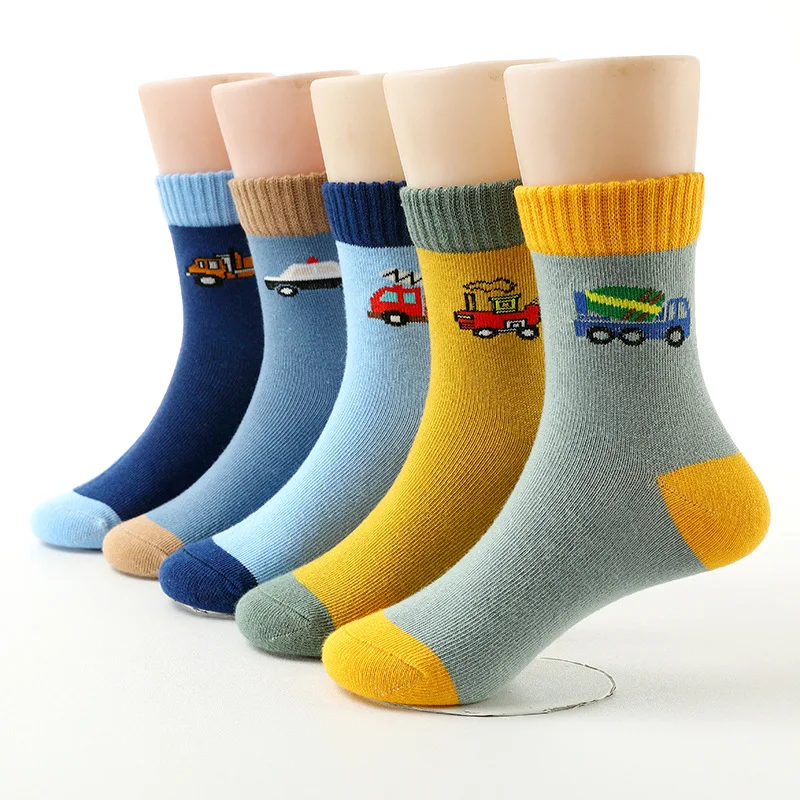 New 5 Pairs Boys Socks Spring Autumn Cotton Cartoon Car Children Socks 3-15 Year Girl Socks