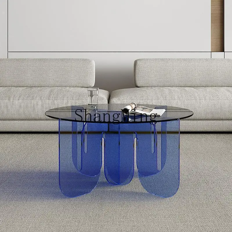 

CL Acrylic Transparent Glass Tea Table Creative Personality Living Room Round Blue Tea Table