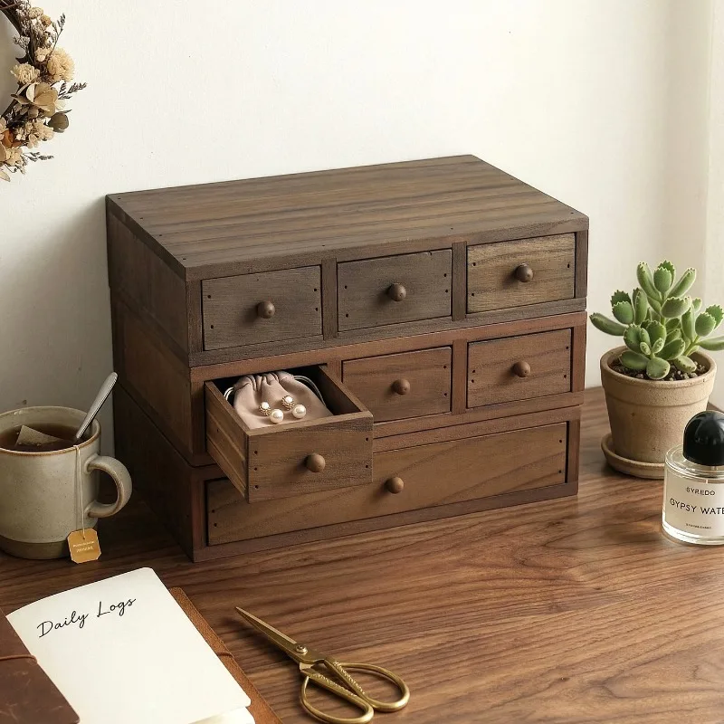 Wooden Desktop Storage Box Monitor Heightening Shelf Jewelry Drawer Finishing Mini Student Stationery Storage Cabinet