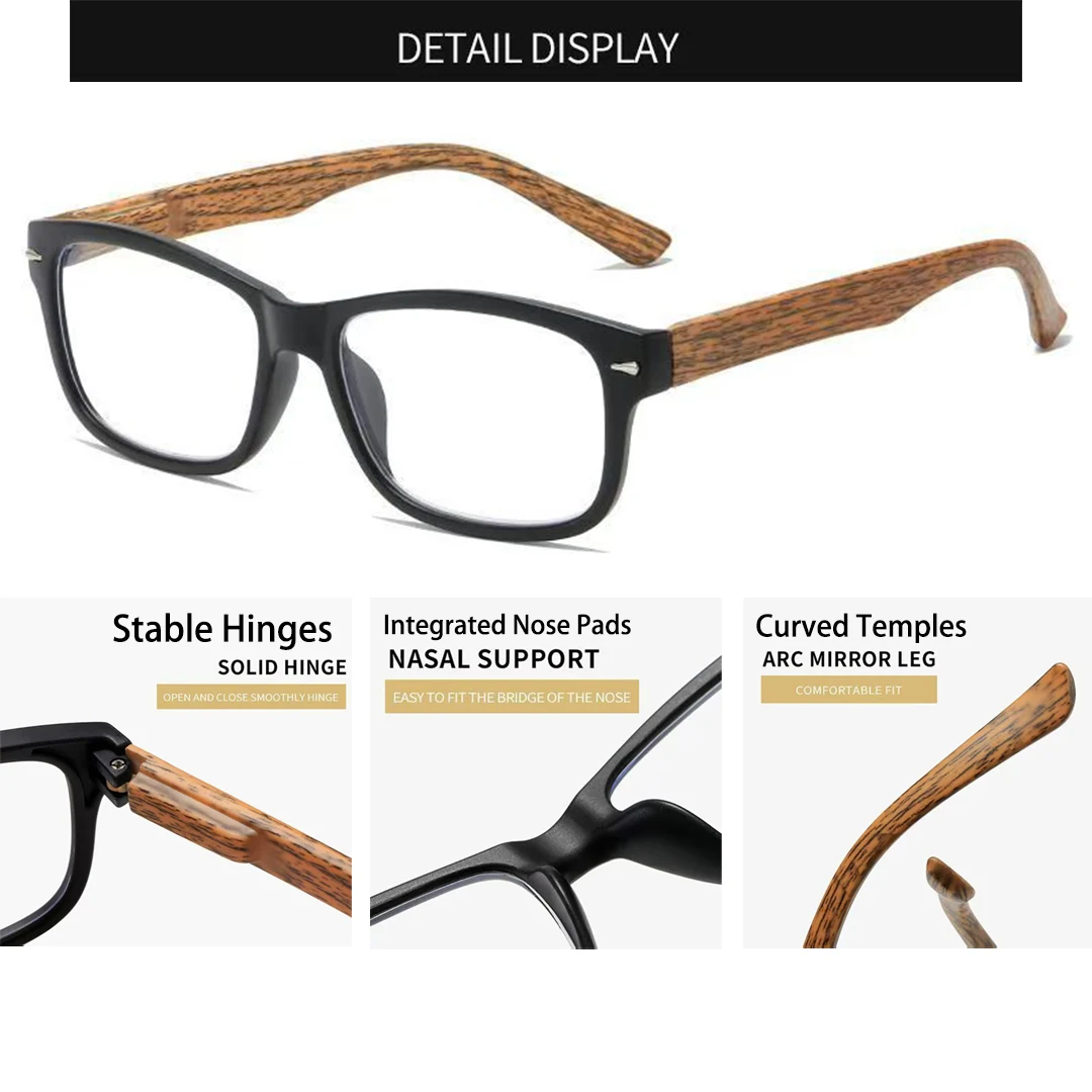 VOPHA 2 Pack Retro Reading Glasses Men Women, Blue Light Blocking Computer Readers, Woodgrain Temple Square Eyeglasses