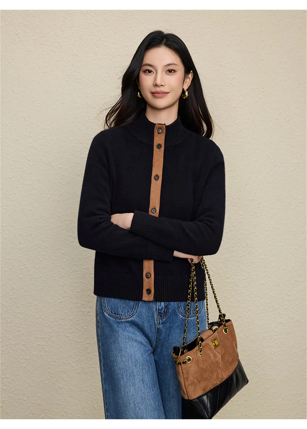 

25 Autumn/Winter Women's Stand up Collar Deer Skin Splicing Wool Knitted Cardigan Thick Sweater Jacket