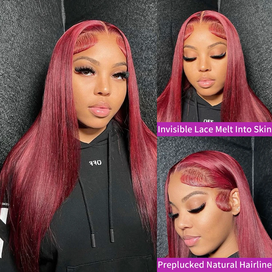 Perruque Lace Front Wig naturelle brésilienne, cheveux lisses, rouge bordeaux 99J, 13x6, 30 40 pouces, densité 250