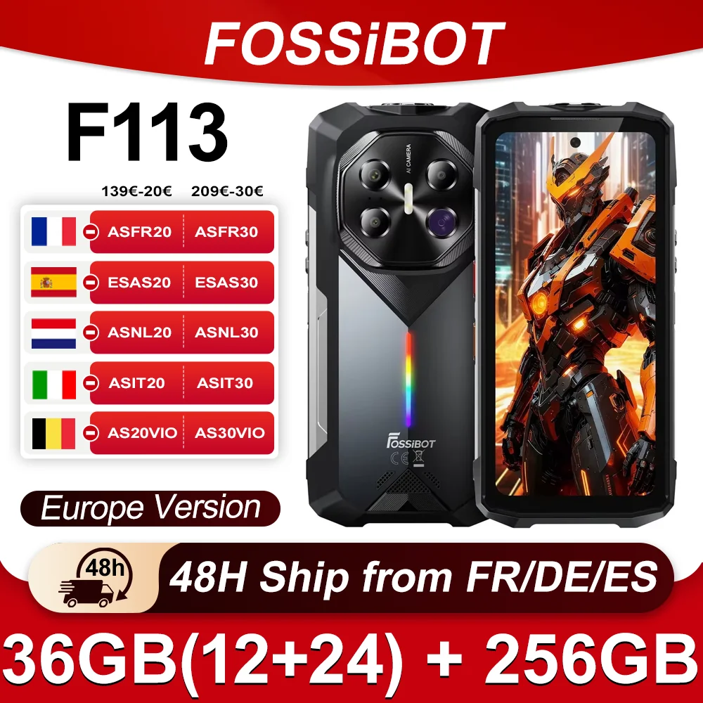 T�l�phone robuste Fossibot F113 36 Go (12+24) + 256 Go 5G 6,78 pouces 120 Hz 20000 mAh Android 15 MTK6877 64 MP NFC D�verrouillage facial IP68