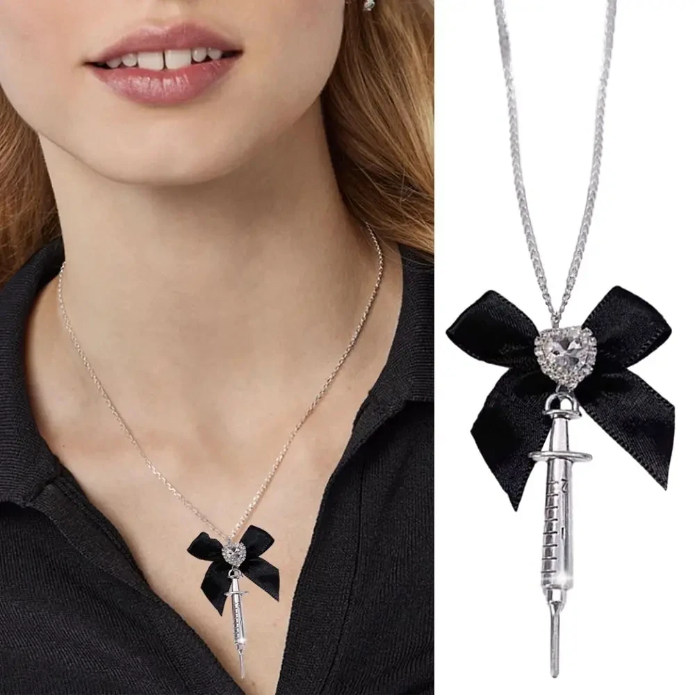 New Love Heart Bowknot Metal Syringe Pendant Necklace for Women Dark Lolita Cool Trend Jewelry Gothic Fashion Accessories