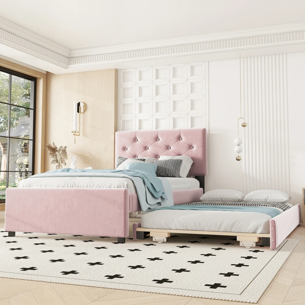 Cama tapizada, 90x200cm, cama con somier (sin colchón), cama con cajón de almacenamiento, terciopelo, minimalista, rosa