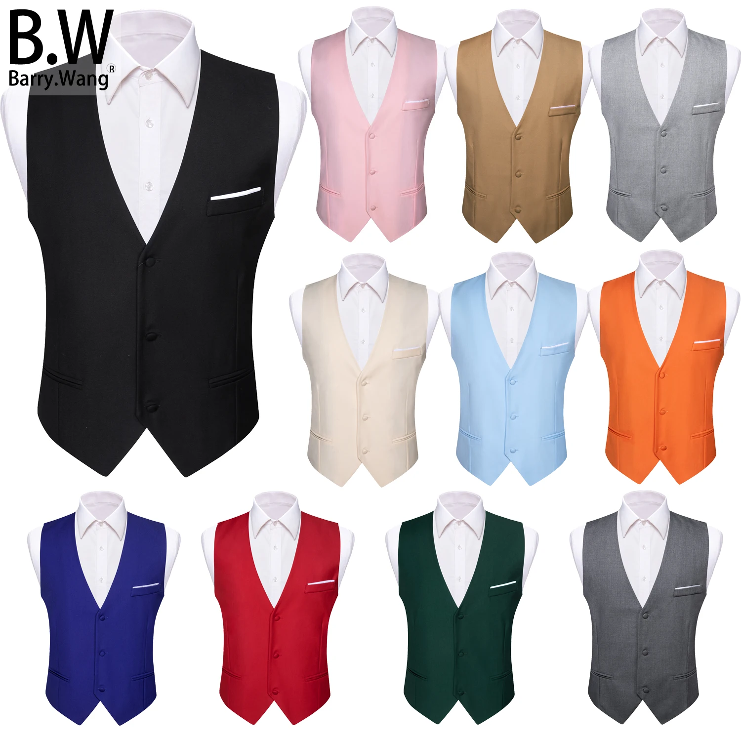 

Barry.Wang Solid Silk Men Vest Jacquard Plain 3 Buttons Formal Casual Waistcoat Sleeveless Jacket Male Wedding Business Party