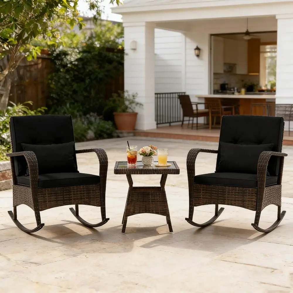 

2-Piece Outdoor PE Wicker Rocking Chair Set with Coffee Table and Cushions for Patio, Porch, Lawn, Garden, and Poolside (Black)