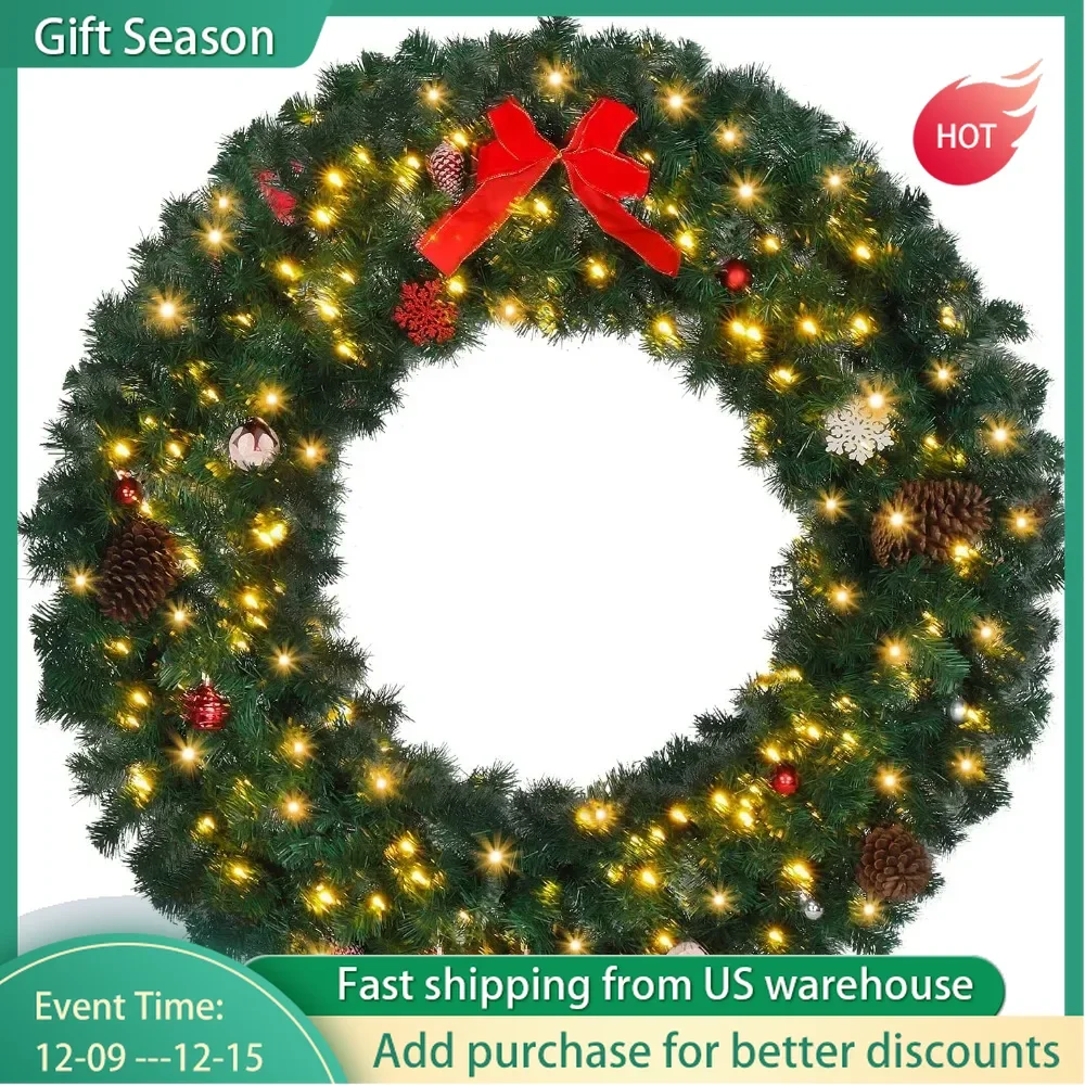 48 Inch Pre Illuminated Artificial Christmas Wreath Decoration with 150 LED Lights and 450 PVC Pillars, Christmas Door Wreath