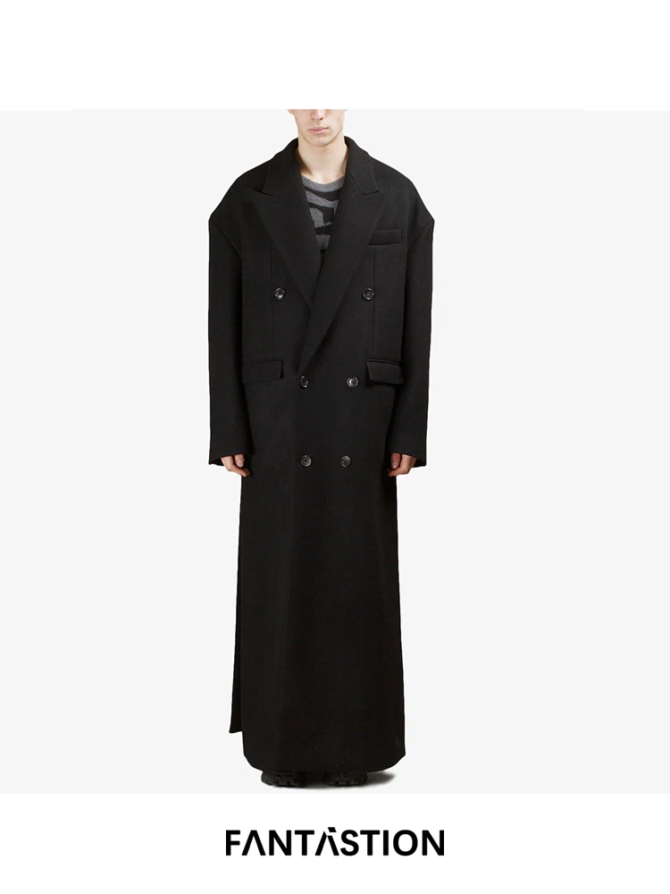 FANTASTION Original design extra-long loose woolen coat dropped shoulder silhouette side slit Thickened classic wool coat man