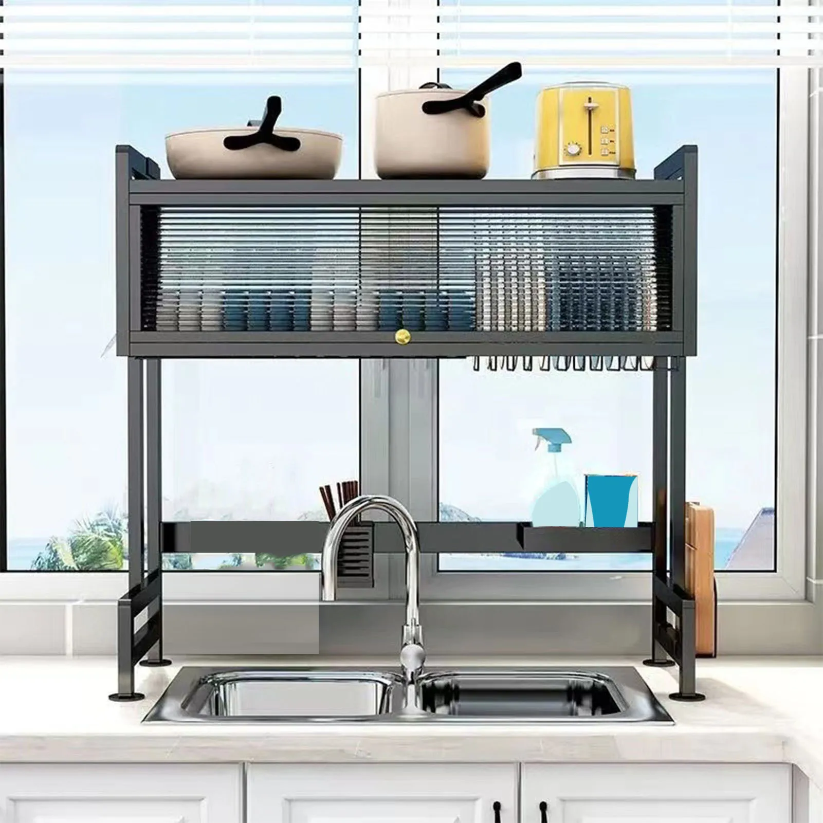 Kitchen Sink Rack Carbon Steel Space Saving 2 Tier Above Kitchen Sink Dish Drying Drainer Rack with Cover for Kitchen