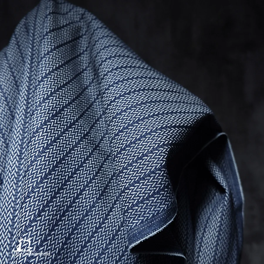 Blue yarn-dyed herringbone jacquard denim twill pattern washed DIY handmade cloth texture designer fabric