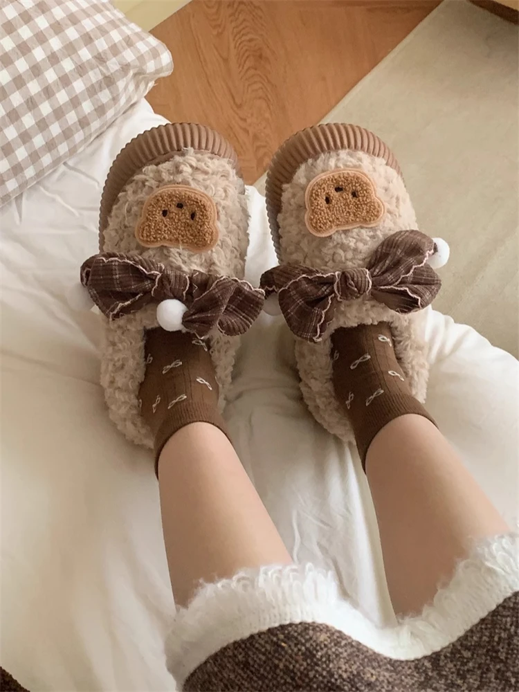 

Women Cotton Shoes Bowtie Indoor Household Shoes Cute And Warm Winter, Fluffy Shoes Cotton Shoes Versatile For Outdoor Shoes