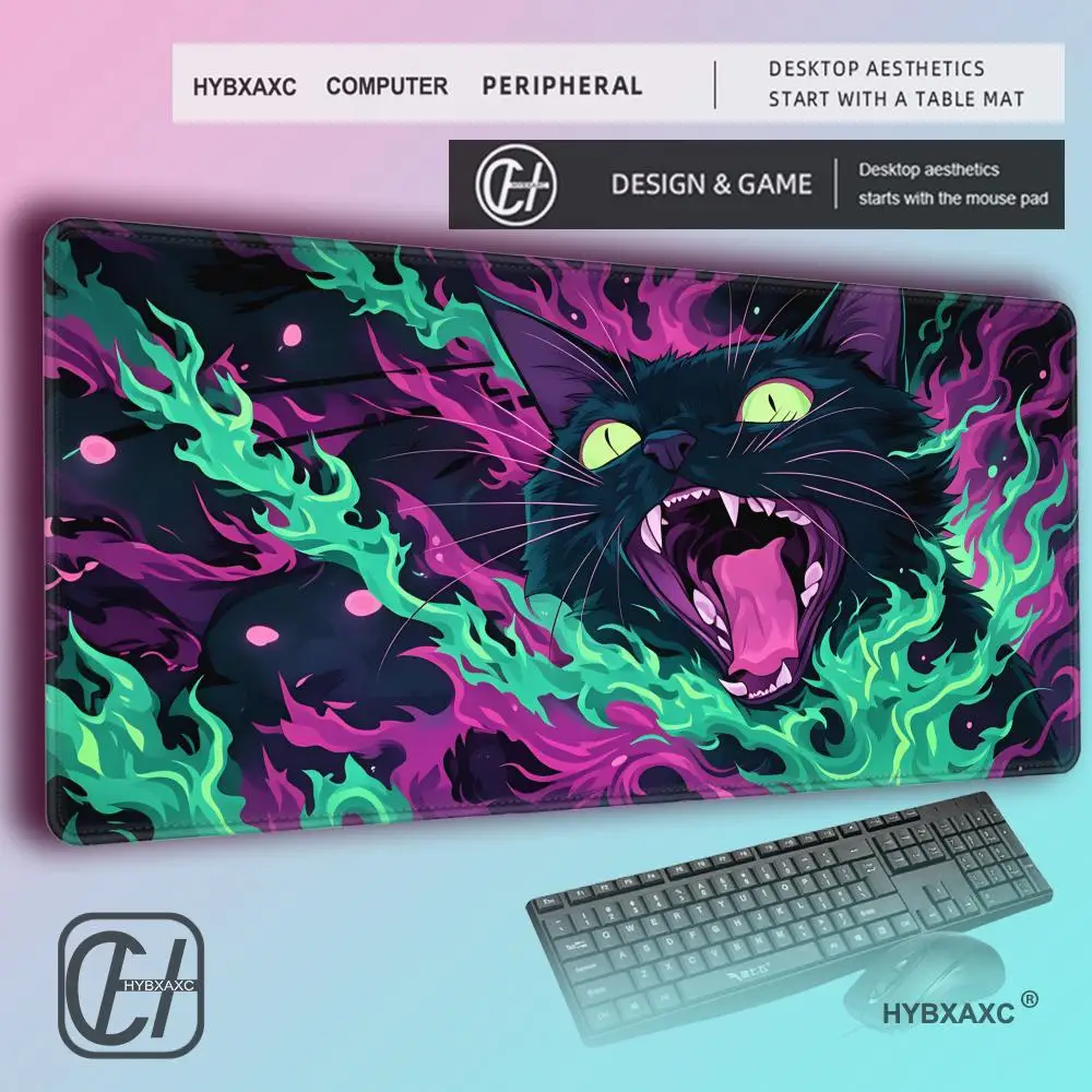 HYBXAXC Neon Flaming Magic Cat Magic Party Game Mat Durable Rubber for MTG&TCG Games Mouse Pad Offices Desk Mats Friendly Design