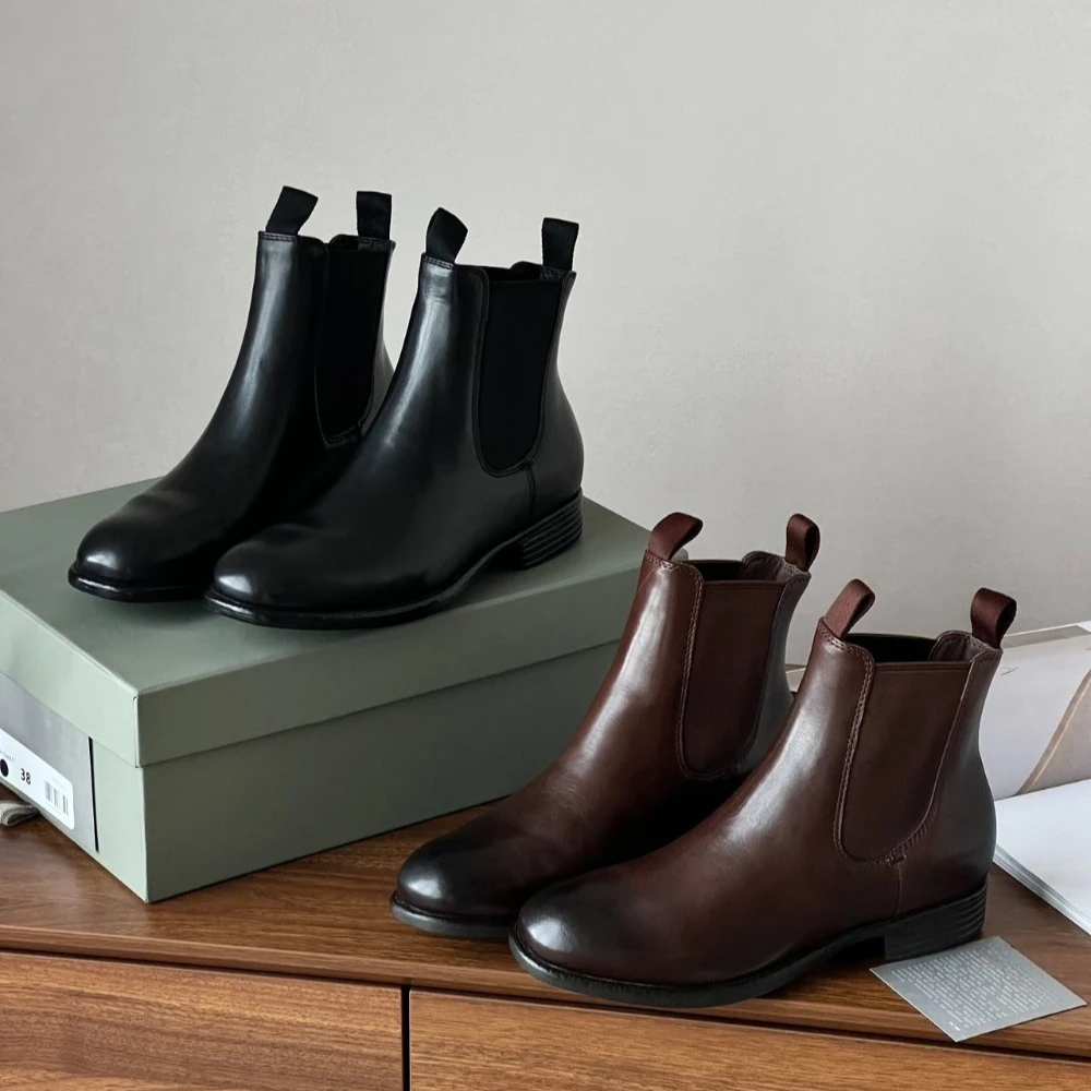 New Retro British-Style Chelsea Boots Distressed Finish Genuine Leather Pull-On Ankle Boots