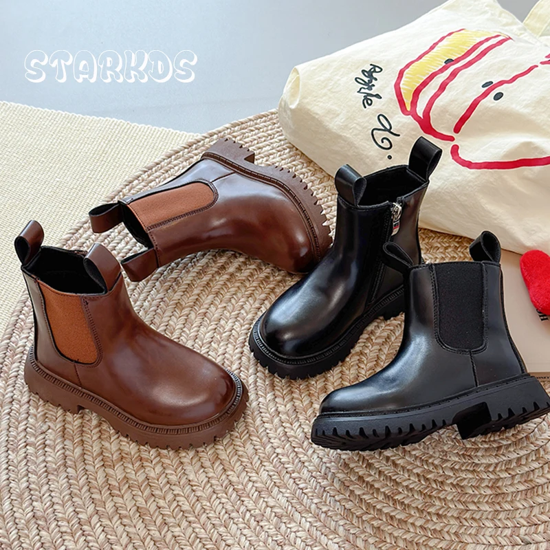 Classic Black Brown Leather Chelsea Boot Kid Girl Brand Design Lug Sole Side Zipper Ankle Boot Baby Child Autumn British Botas