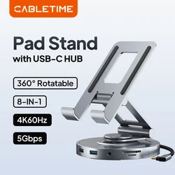CABLETIME 8 in 1 Multi USB C Hub with 360 Rotating Stand HDMI 4K 60Hz PD 100W USB 5Gbps SD TF Aux 3.5mm for iPad Pro Tablet C441