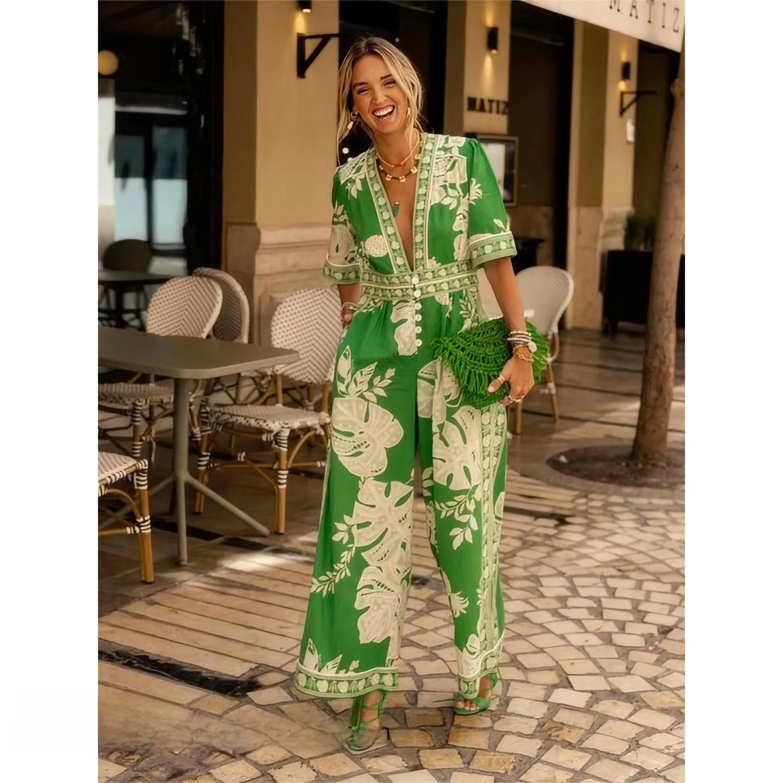 

Faionable Комбинезон с V-образным вырезом и принтом, прямые брюки с высокой талией, длинная полиэфирная ткань, весна 2024, воротник...