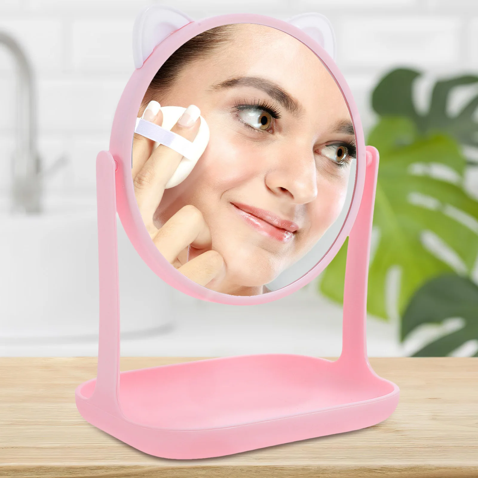 1Pcs Cat Ear Makeup Mirror Lovely Appearance Rotatable Desktop Cosmetics Storage Tray Multifunctional Girl