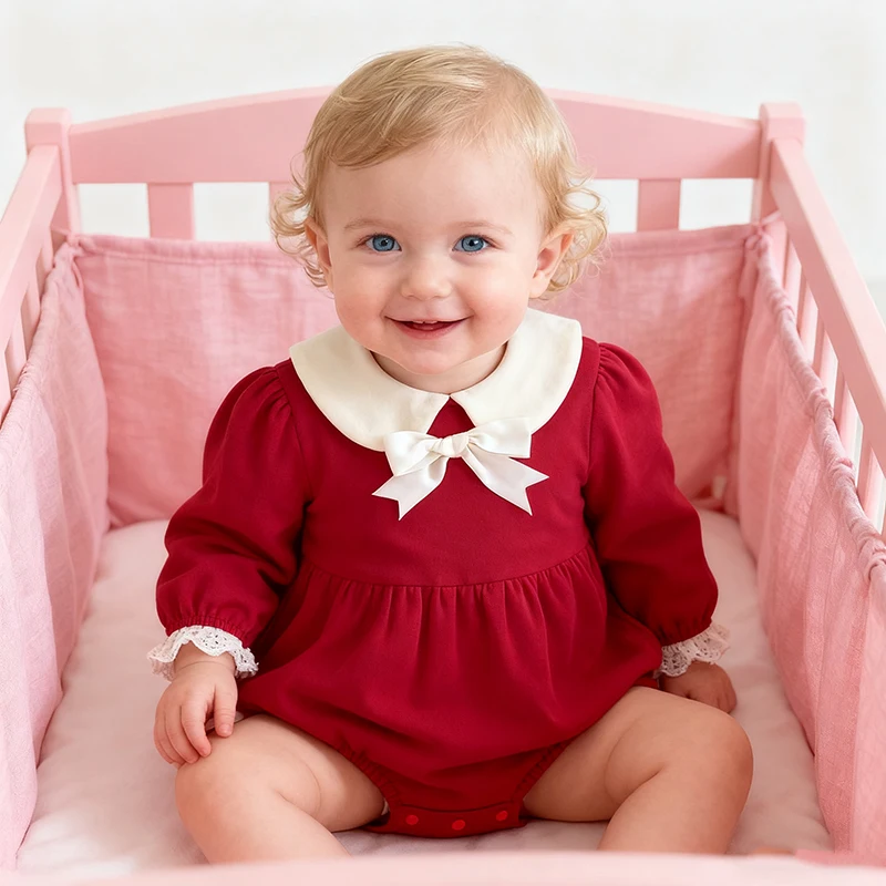 

Рождественский комбинезон для новорожденных, осенняя коллекция для маленьких девочек 0-3 лет, комбинезон для малышей с красным воротником и бантом, детская цельная одежда для малышей