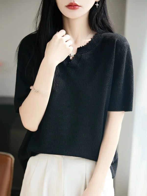 Versatile Knitted Short Sleeve Woolen T-Shirt Women's Slim Fit V-Neck Summer New Style Thin Body Shaping Short Length Top