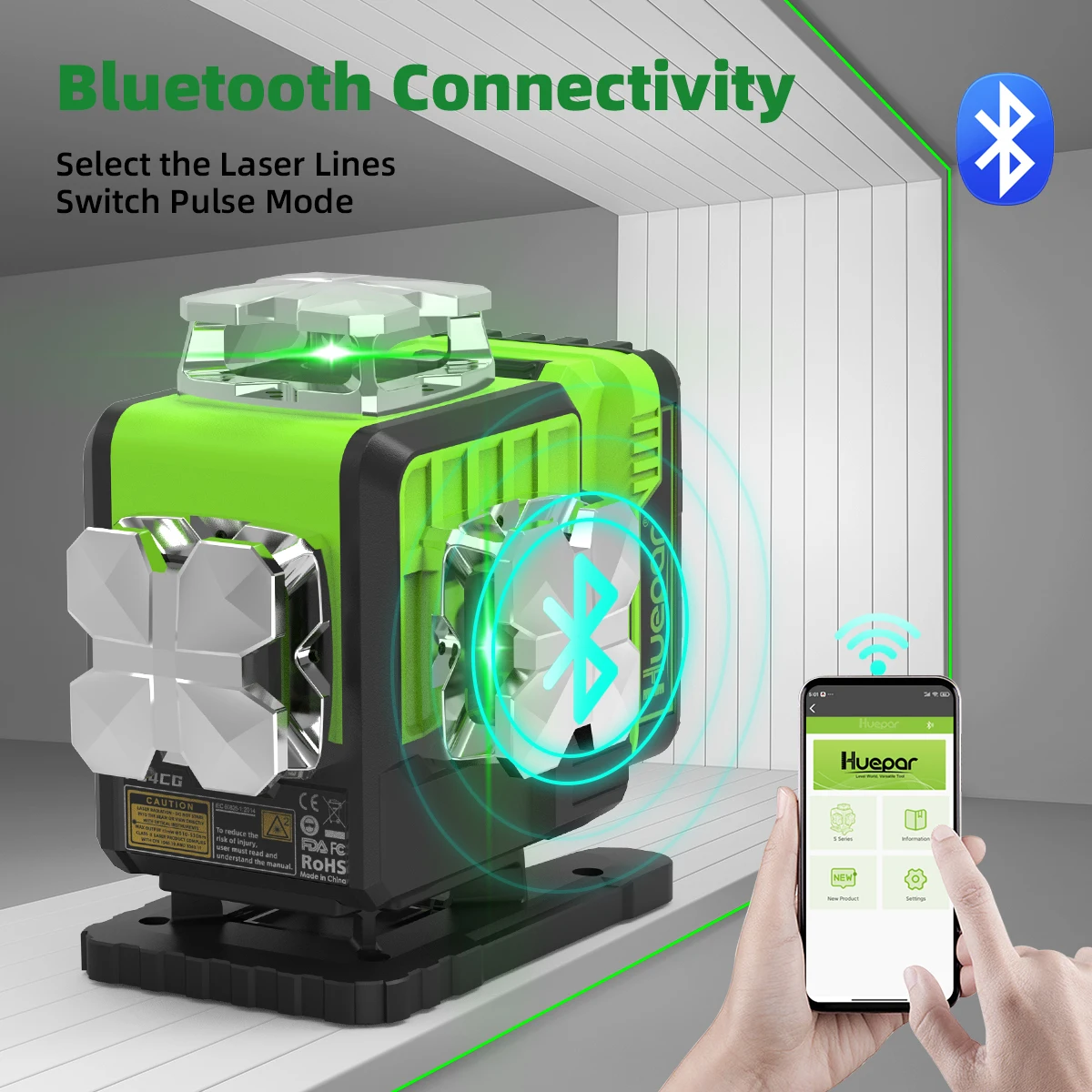 Imagem -03 - Auto-nivelamento Green Beam Bluetooth Ferramenta Laser Controle Remoto Li-ion Bateria Carry Case Rígido P04cg Nível Huepar4d