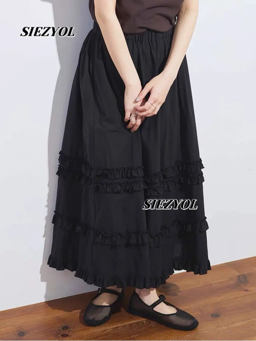 Sweet Girls Elastic Waist Solid Color Fashion Maxi Skirt Autumn New Japanese Versatile High Waist Ruffle Edge Long Skirts