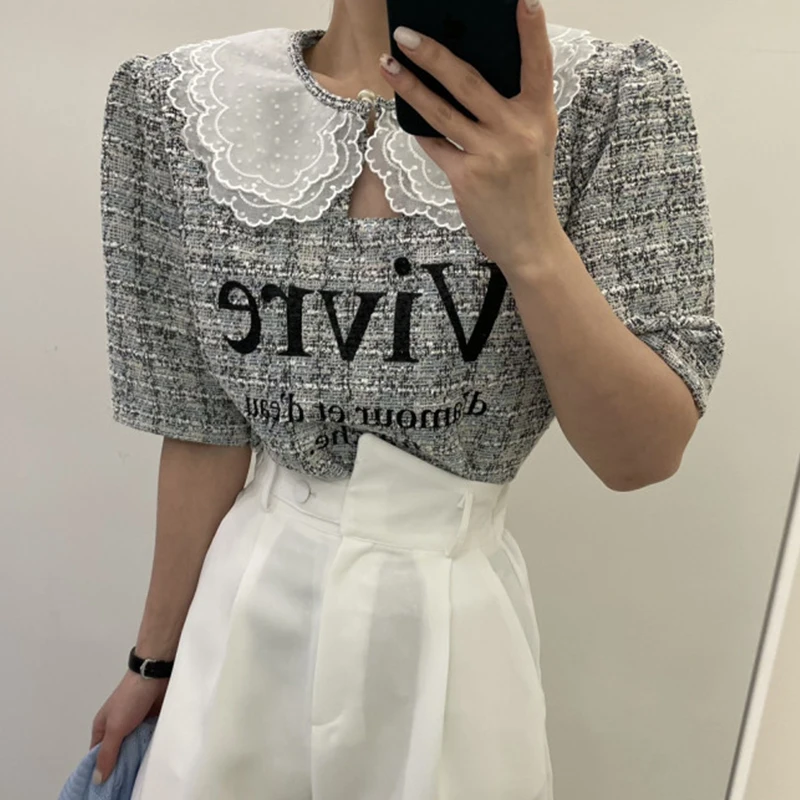 Retro Chic Blütenblatt Kragen Hohl Gestrickte Brief Drucken Lose ort Sve irt frauen Top Pendeln Sle Frühling Sammlung