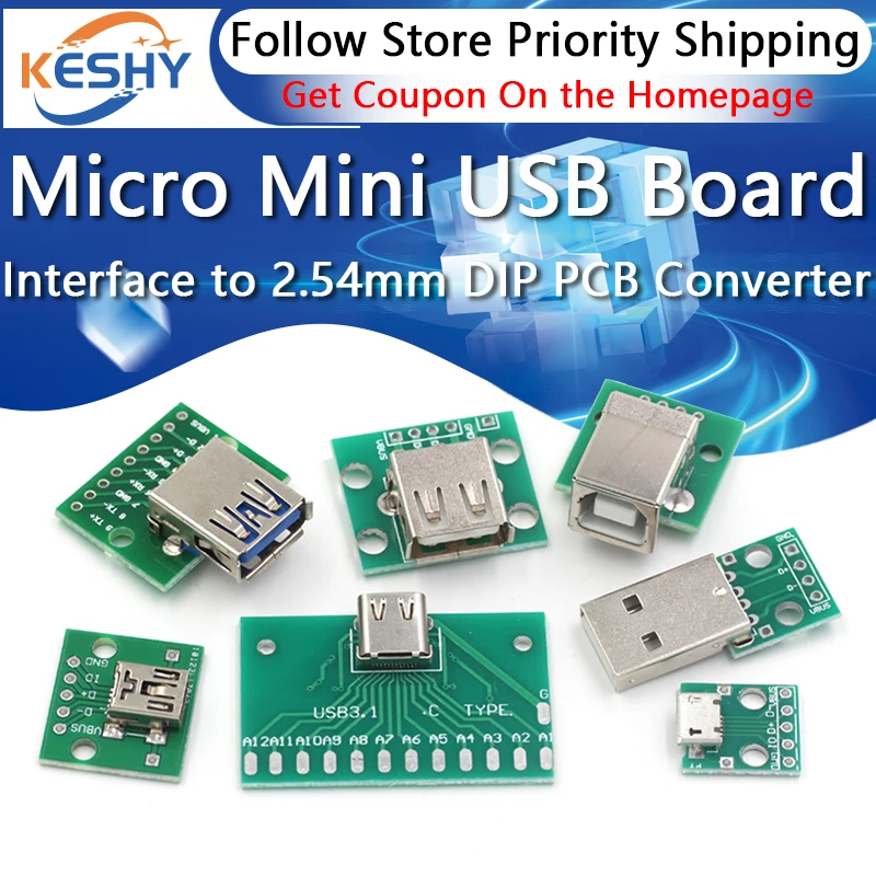 5pcs Micro Mini USB USB A Male USB 2.0 3.0 A Female USB B Connector Interface to 2.54mm DIP PCB Converter Adapter Breakout Board