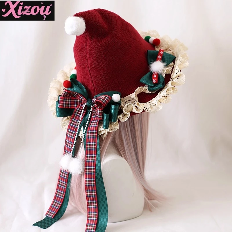 

Original Christmas Bow Plush Double Lace Edge Thick Feeling Woolen Witch Hat Lolita Lolita Christmas Witch Hat Children Women