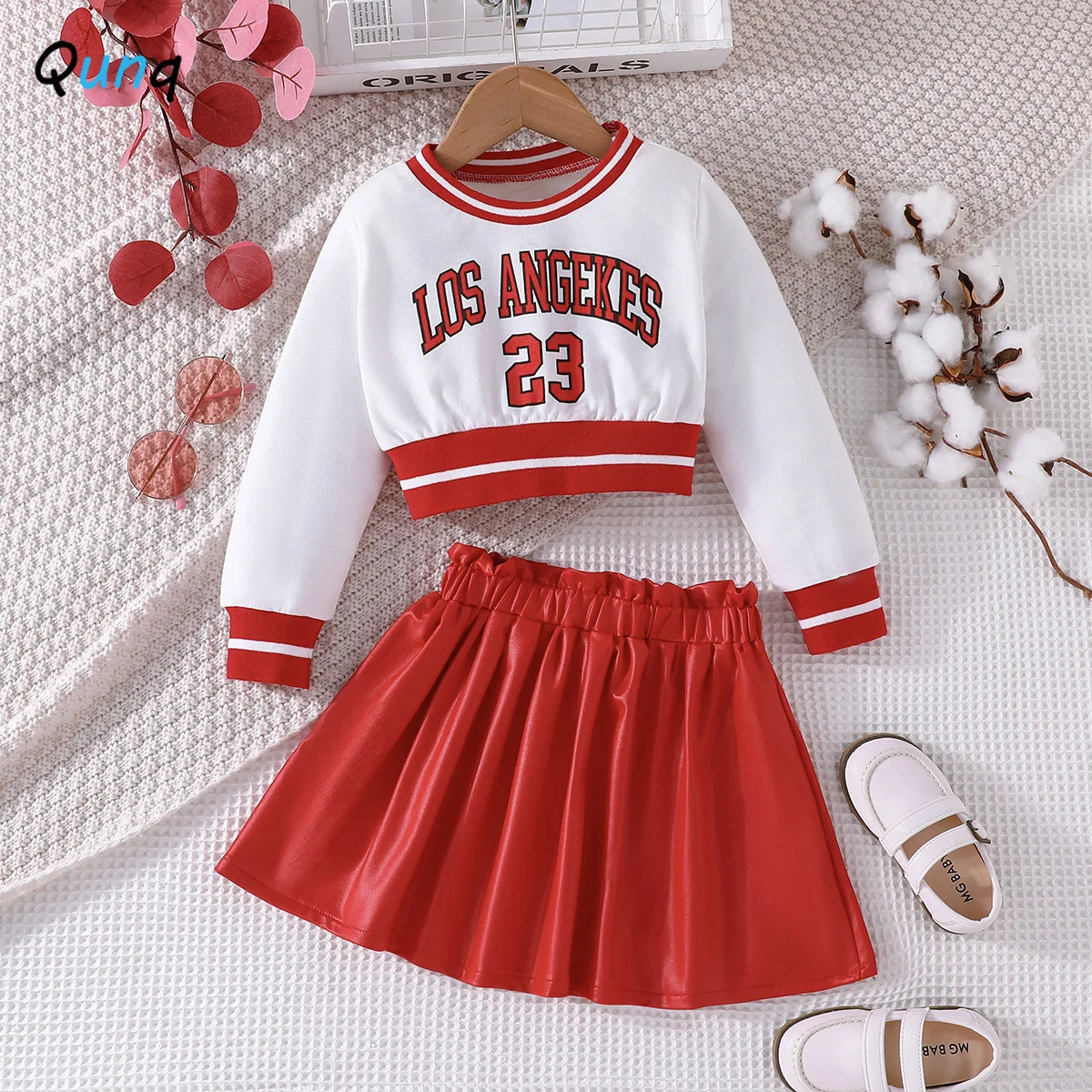 

Qunq 2023 Autumn New Girls Long Sleeve Print Patchwork Top+Leather Short Skirt 2 Pieces Set Sporty Casual Kids Cluthes Age 3T-8T