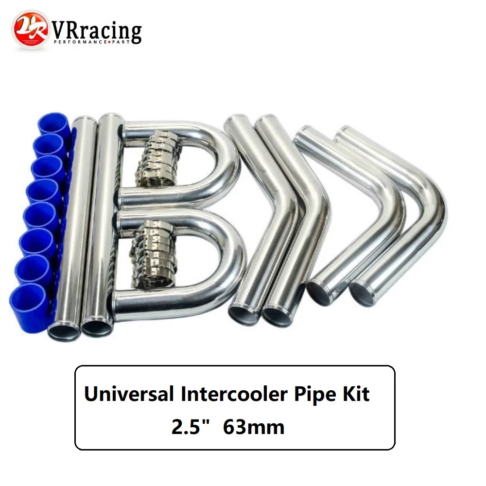 VR - 2.5'' 63mm Turbo Intercooler Pipe 8 Pcs Chrome Aluminum Pipe + T Bolt Clamp + Silicone Hose BLUE VR1718